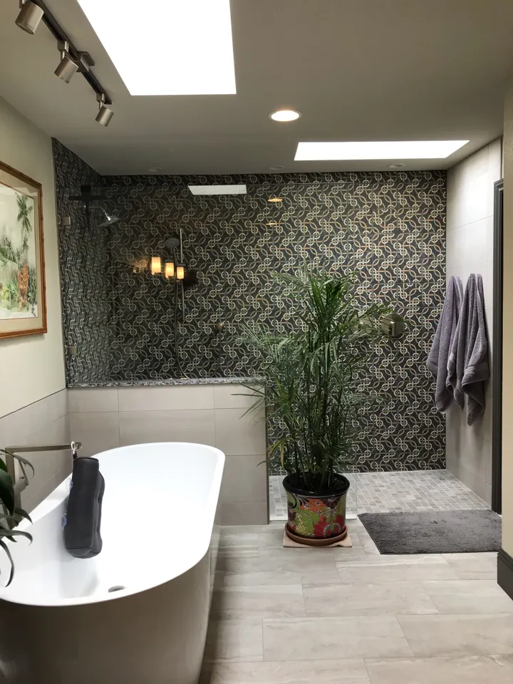 Tanner Rhodes A1_converted : Modern remodeled bathroom with a freestanding bathtub, walk-in shower, patterned tile wall, skylights, and indoor plants.