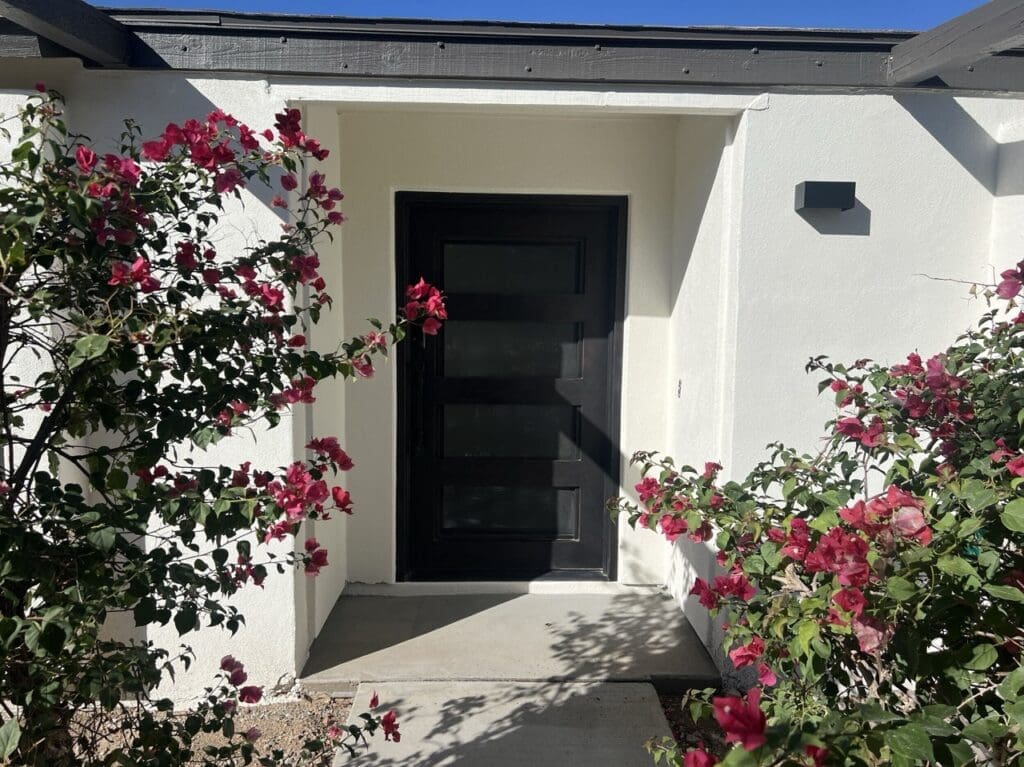 Modern front entry with a sleek black door, clean stucco exterior, and landscaped walkway framed by vibrant flowering plants.