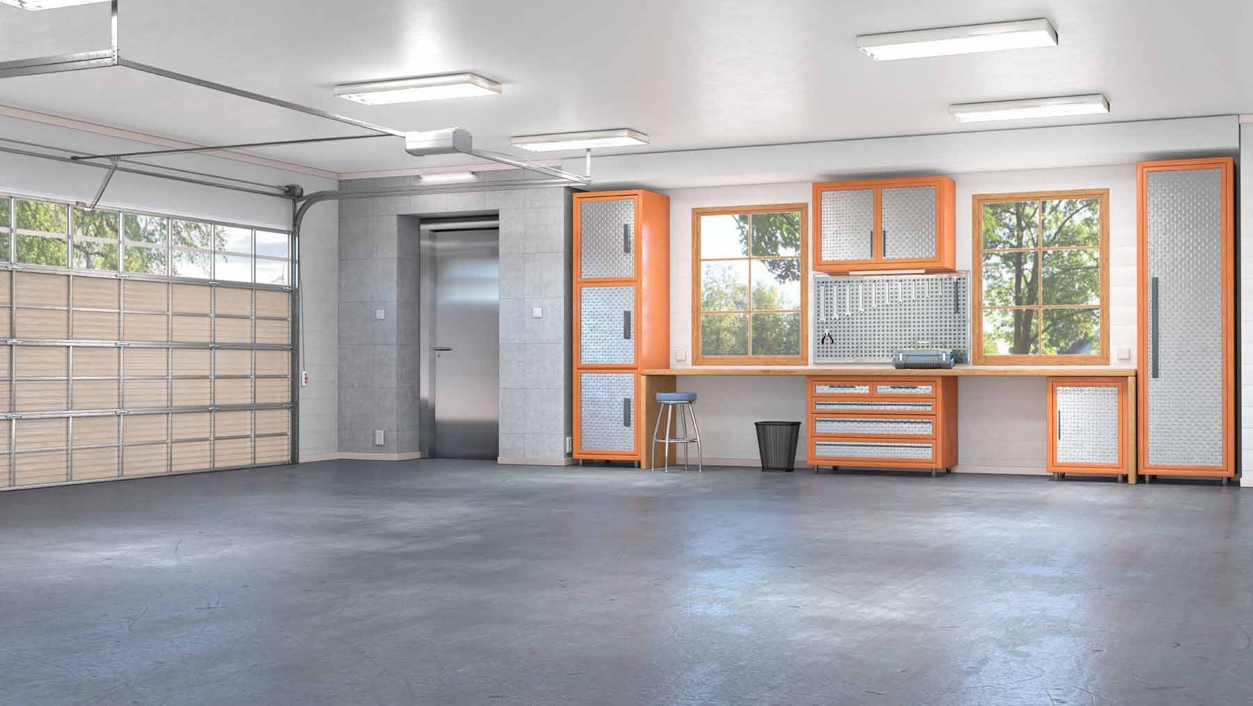 garage with storage cabinets
